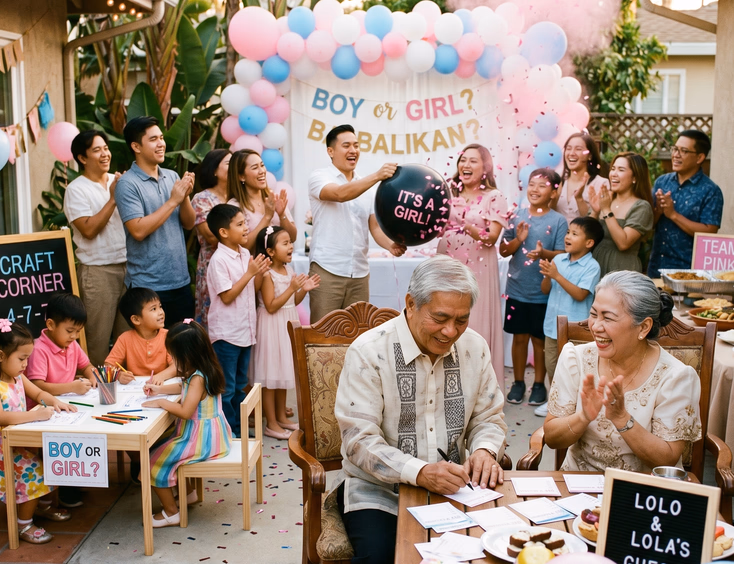 A multigenerational Filipino gender reveal shows grandparents guessing while children enjoy a coloring corner, all bathed in warm light.
