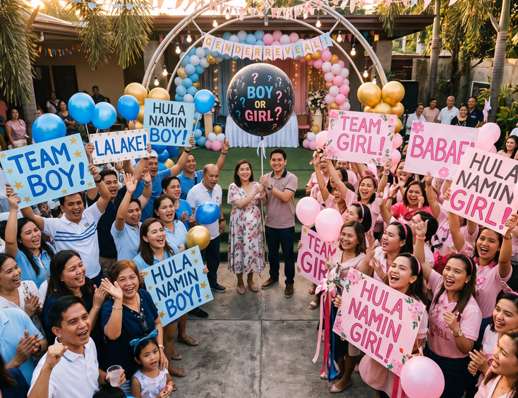 An energetic crowd of Filipino guests cheers and waves color-coded Team Boy and Team Girl signs as the gender reveal moment approaches.