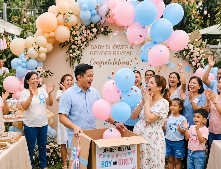 An expecting Filipino couple opens a large box as pink and blue balloons float out during a joyful gender reveal baby shower celebration.