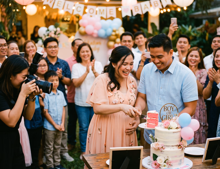 A pregnant Filipino couple smiles while cutting into a gender reveal cake with a colored center surrounded by cheering guests at a baby shower.