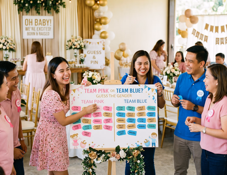 Filipino baby shower guests wear pink and blue and place their guesses on a tally board near a neutral backdrop at a gender reveal party.