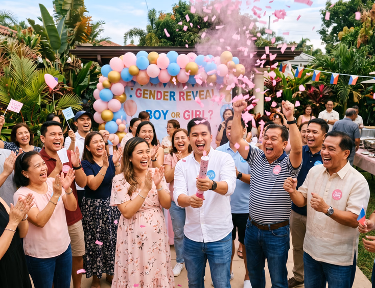 Filipino dads and families cheer as colored confetti poppers burst outdoors during a lively and inclusive coed gender reveal celebration.