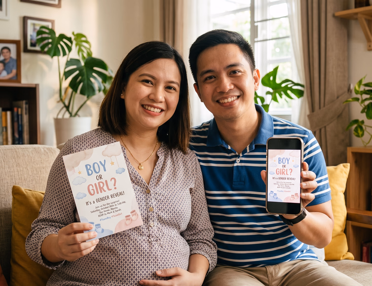 A smiling Filipino couple at home shows a custom pink-and-blue gender reveal invitation card, also displayed digitally on their phone.