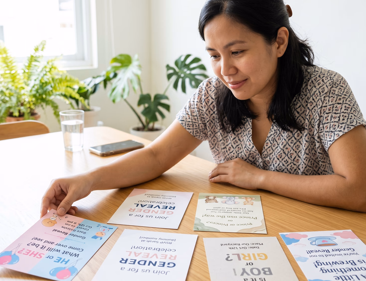 A Filipino parent chooses from several sweet and simple gender reveal invitation designs in pink and blue palettes laid out on a table.