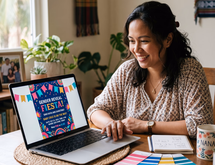 A focused Filipino parent uses a laptop to design a custom gender reveal invitation featuring a fun, pink-and-blue fiesta theme.