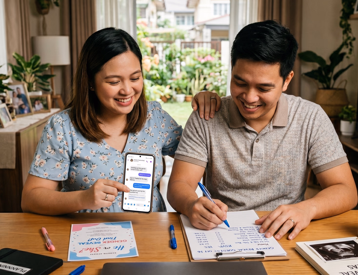 An organized Filipino couple sits at a table sending gender reveal invitations via a phone app while tracking guest RSVPs.