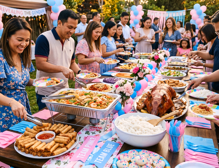 A lavish Filipino gender reveal buffet features traditional lechon, pancit, and lumpia on a table decorated with pink and blue accents.