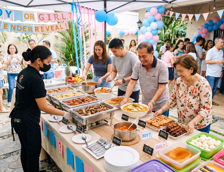 A happy Filipino family and caterer set up a diverse gender reveal party buffet with traditional home-cooked dishes in bright daylight.
