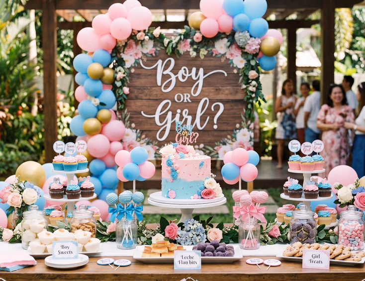 A beautifully styled Filipino gender reveal dessert table features a colorful centerpiece cake, cupcakes, and a Boy or Girl backdrop sign.