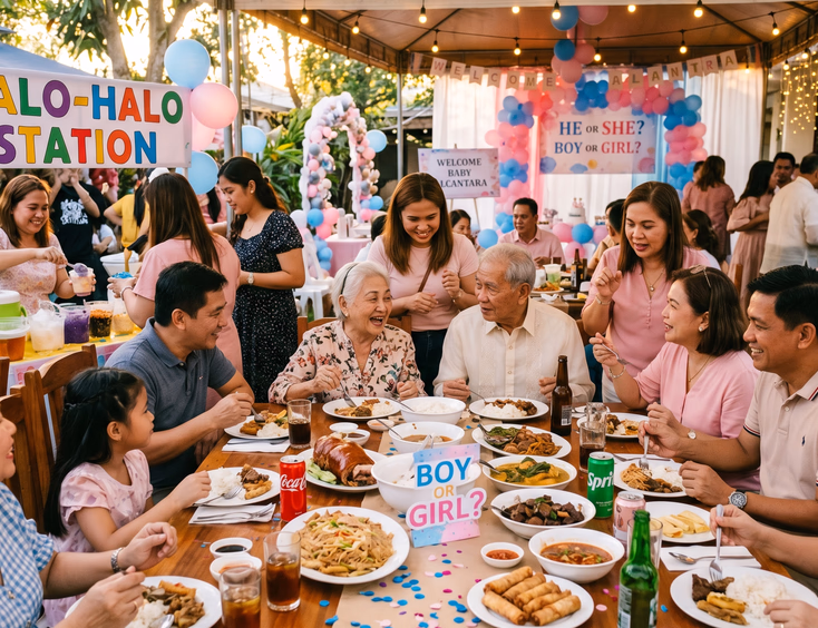 Cheerful Filipino guests and relatives enjoy traditional food, drinks, and a custom halo-halo station during a festive gender reveal party.
