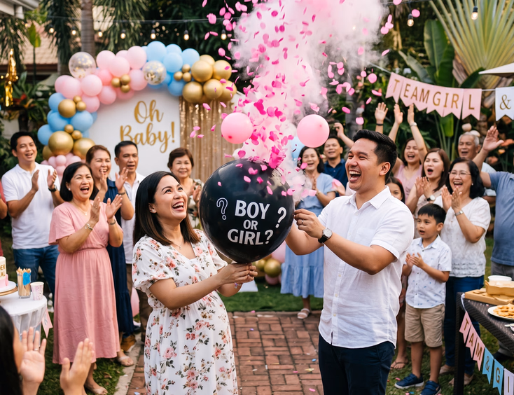 An excited Filipino couple pops a black balloon at their outdoor gender reveal party, unleashing colored confetti while family cheers in the bright daylight.