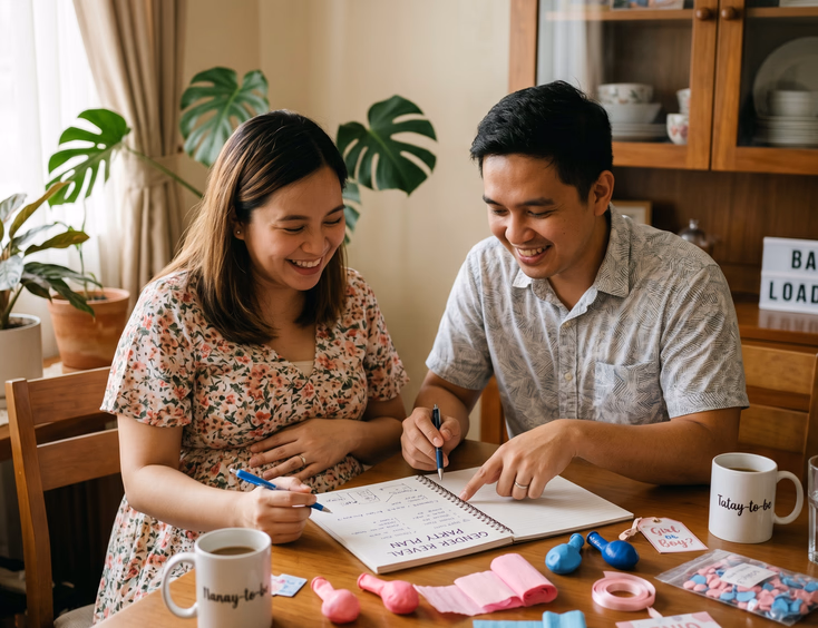A pregnant Filipino couple sits at a dining table, planning their gender reveal party with decoration samples, a notebook, and a calculator.