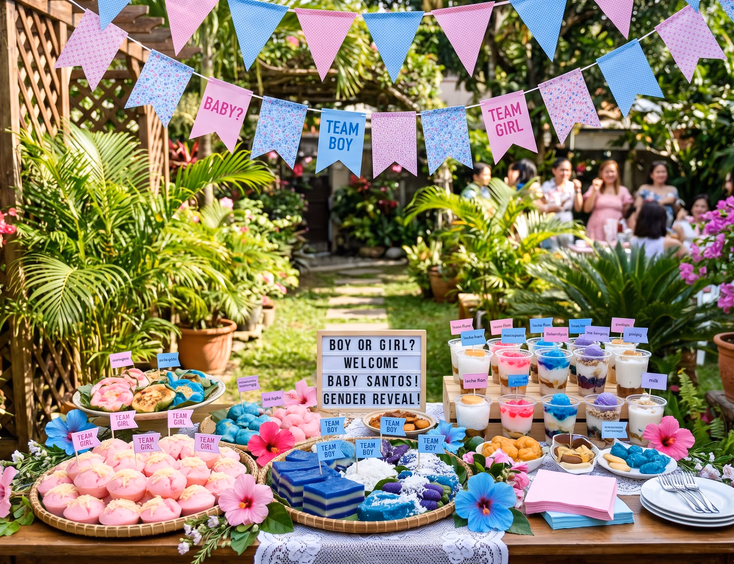 A festive Filipino gender reveal dessert table is decorated with pink puto, blue kakanin, halo-halo, and colorful banderitas in a garden setting.