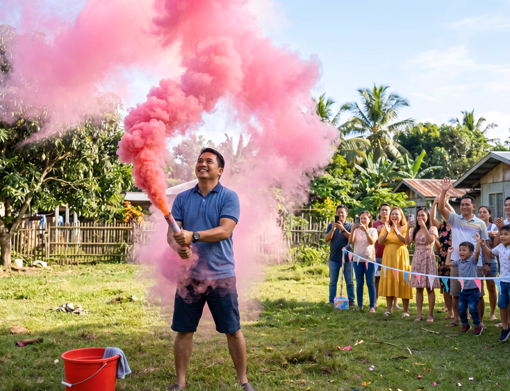 A Filipino father sets off a colored smoke cannon outdoors during a gender reveal party, while guests watch safely upwind on a sunny day.