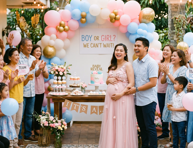 A young Filipino couple celebrates their gender reveal party surrounded by smiling relatives, a pink and blue balloon arch, and warm light.