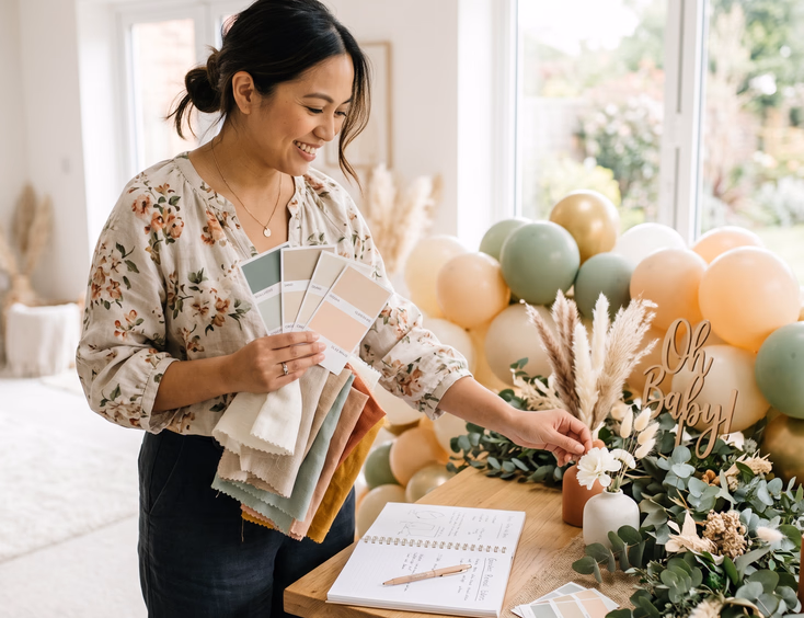 A Filipino mother carefully selects fabric swatches and color samples for gender reveal decorations at a bright and airy styled table set.