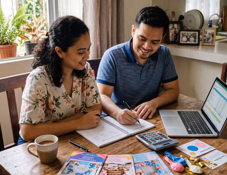 A focused Filipino couple sits at their dining table planning the budget for their gender reveal party using a calculator, laptop, and notebook.