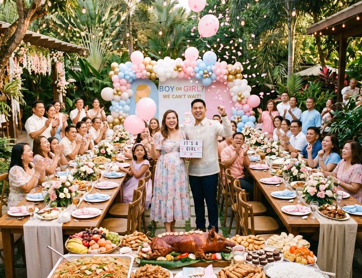 An outdoor garden gender reveal celebration in the Philippines features a feast of lechon and pancit, pastel balloons, and lush greenery.