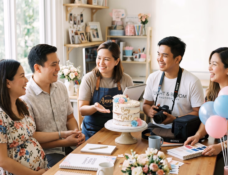 A smiling Filipino couple discusses gender reveal plans with a baker, photographer, and stylist around a table with cake and balloon samples.