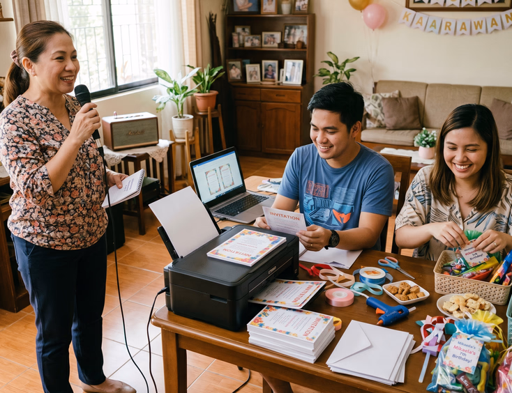 At home, a Filipino tita holds a microphone as an emcee while the couple prints invitations and packs DIY giveaways in natural daylight.