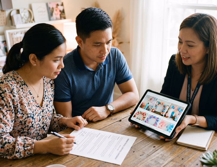A focused Filipino couple reviews a contract and past reveal photos on a tablet with a supplier across a table in bright daylight.
