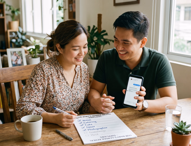 A happy Filipino couple confidently checks off a shortlist of gender reveal suppliers on a phone in a bright room with a calm, organized atmosphere.