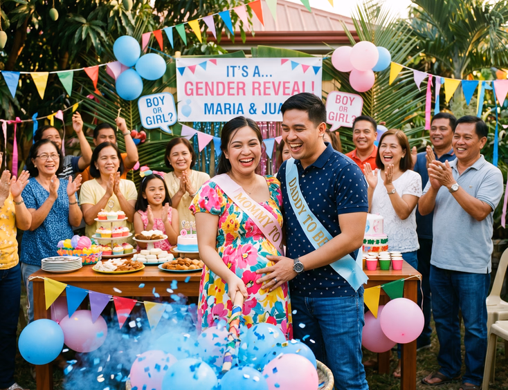A joyous Filipino couple celebrates their themed gender reveal party in a festive Pinoy setup with colorful banderitas and family in Manila.