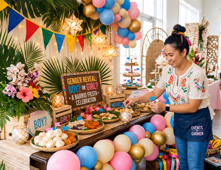 A creative Filipino party stylist arranges a themed gender reveal display with colorful barrio fiesta banderitas, tropical leaves, and kakanin.