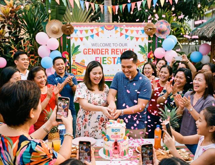 A Filipino family cheers as the expectant couple cuts a cake with falling confetti at their lively fiesta-themed gender reveal celebration.