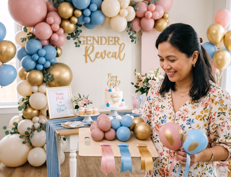 A Filipino mother coordinates the specific color palette for a gender reveal event, holding balloon and ribbon samples against a styled backdrop.
