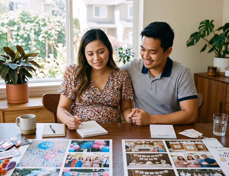 A thoughtful Filipino couple examines photos of a colorful reveal party and a gift-filled baby shower while planning in bright daylight.