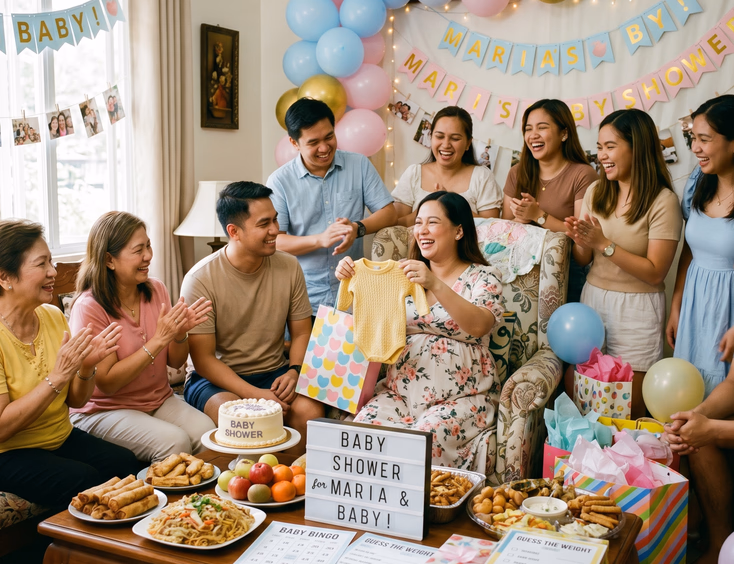 An expectant Filipino mother opens gifts surrounded by happy relatives at a decorated baby shower table with games and presents.