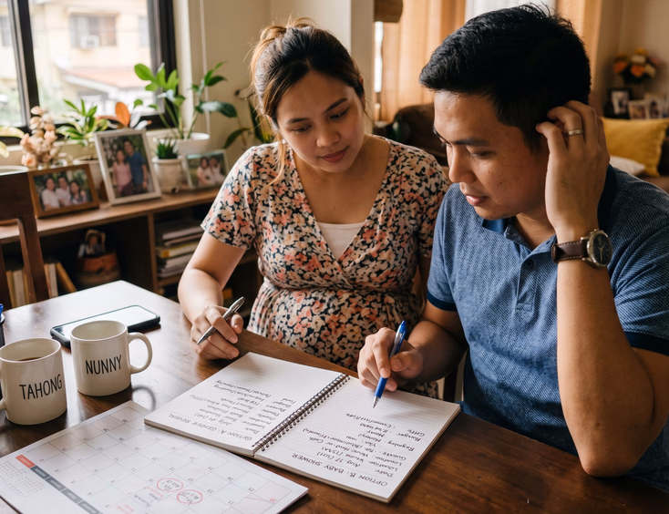 A Filipino couple sits at a table carefully weighing budget and calendar options to decide between a gender reveal and a baby shower.
