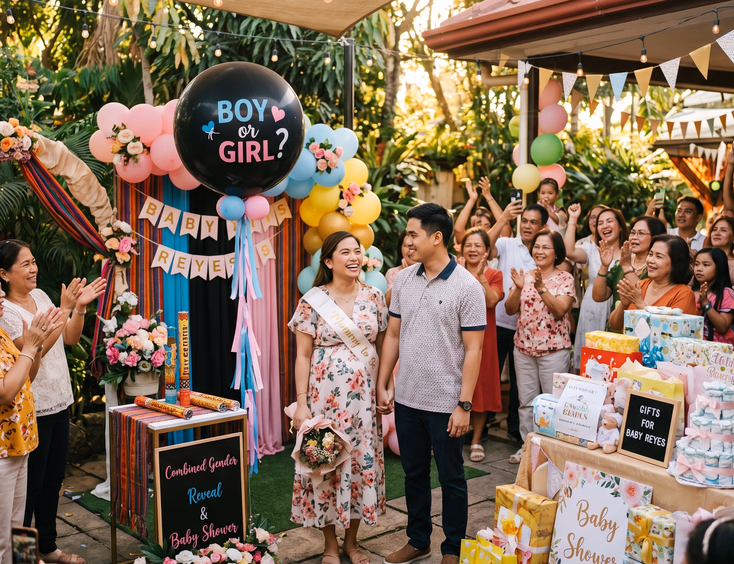 A Filipino couple celebrates with relatives at a festive combined gender reveal and baby shower with reveal balloons and a gift table.
