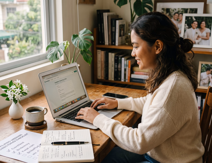 Filipino wedding photographer creating supplier profiles on local wedding directories using a laptop in her Quezon City home studio.