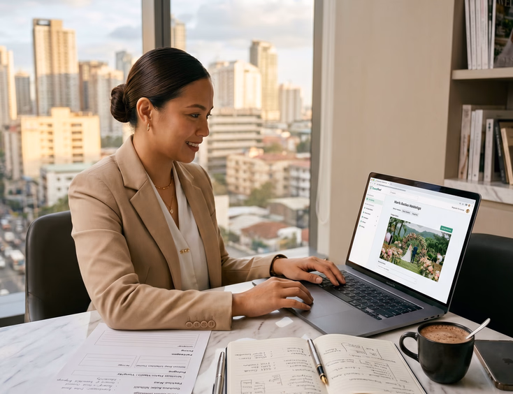 Filipino wedding coordinator completing her digital supplier listing on a laptop in her Makati office.