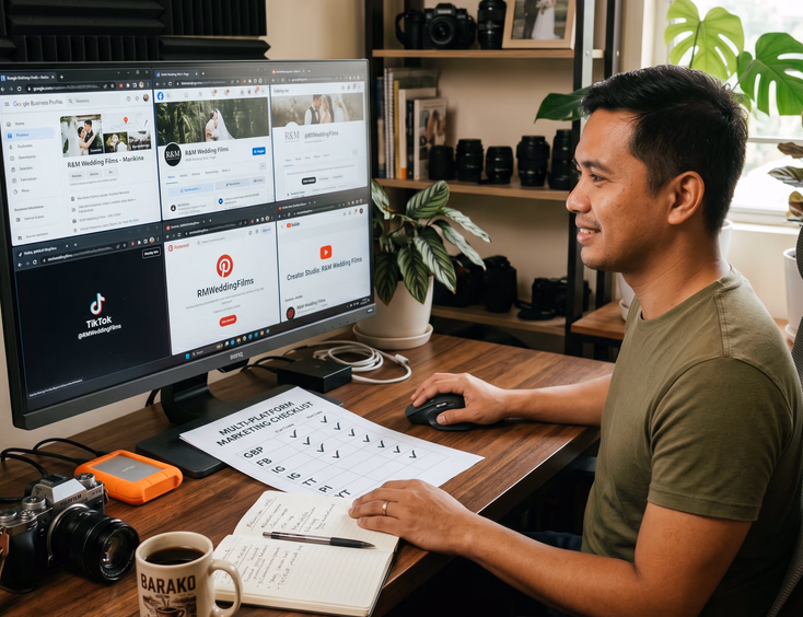 Filipino wedding videographer managing multiple social media and business profiles on a computer monitor in his Marikina studio.
