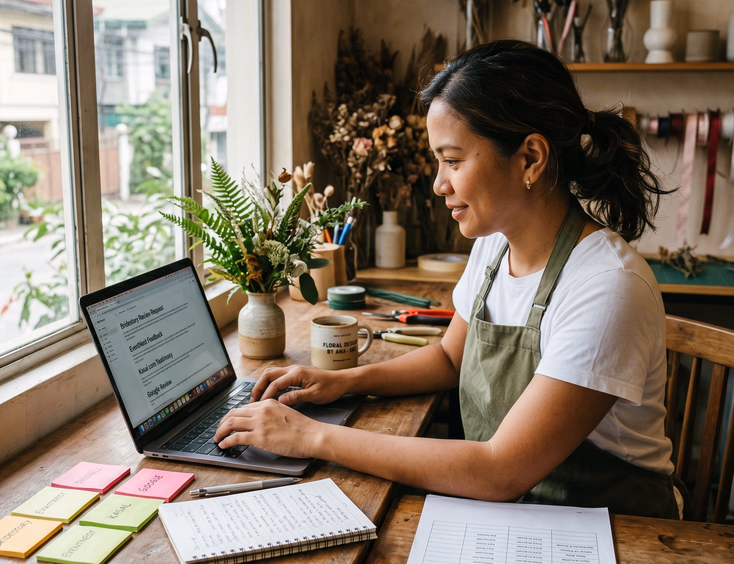 Filipino wedding florist drafting client review request messages for multiple directory platforms on a laptop in her Pasig studio.