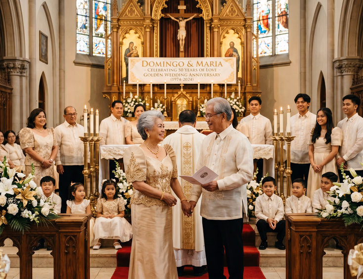 Mature Filipino couple in traditional attire renewing golden wedding anniversary vows in a church.