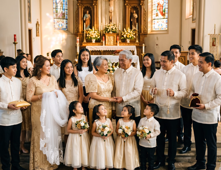 Four generations of a Filipino family participating in a golden wedding anniversary ceremony with traditional symbols.