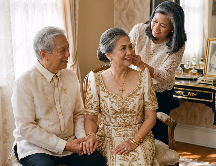 Mature Filipino couple posing in elegant gold-embroidered Filipiniana and Barong Tagalog for golden wedding anniversary portrait.