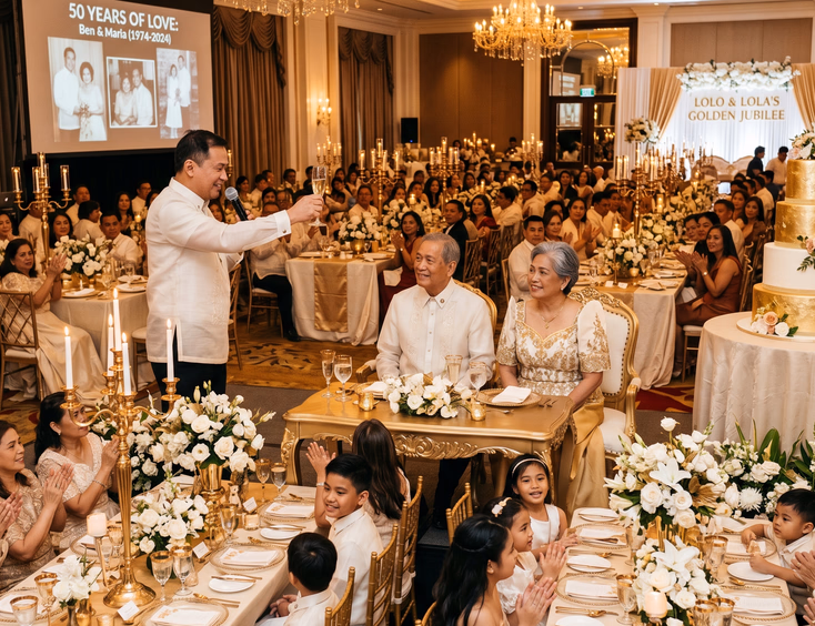 Multigenerational Filipino family celebrating a golden wedding anniversary reception in an elegant hotel ballroom.