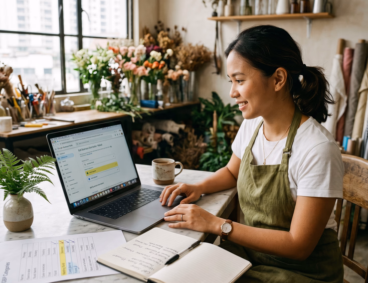 Filipino wedding florist selecting business categories on her Google Business Profile dashboard in a Makati studio.