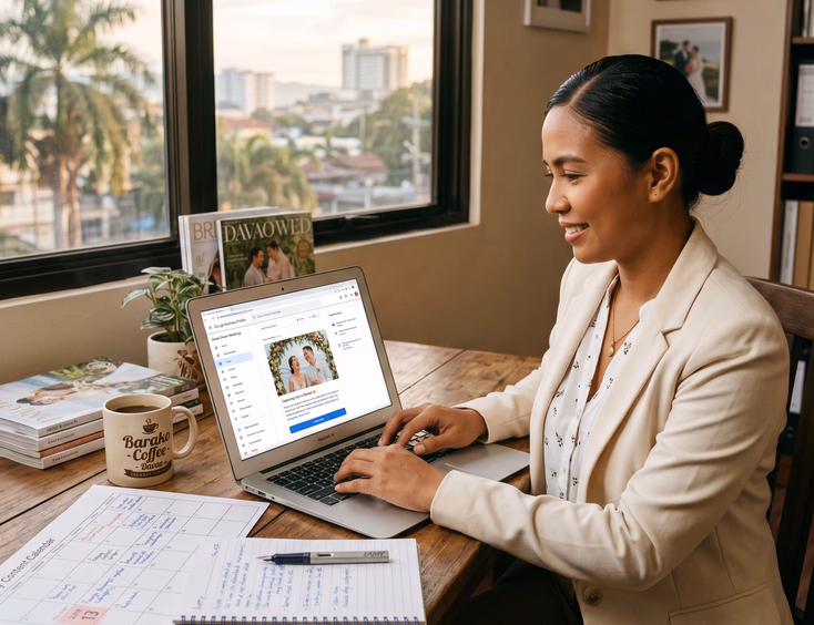 Filipino wedding coordinator drafting a weekly update post on her Google Business Profile dashboard in a Davao City office.