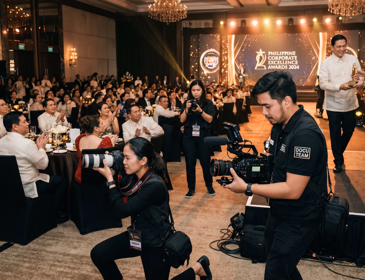 Professional Filipino event documentation team with a photographer and videographer capturing a corporate gala awards ceremony on a stage.