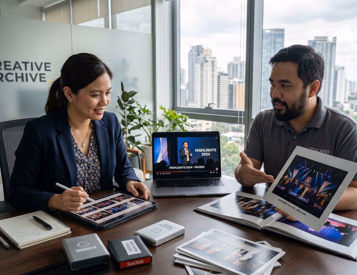 Filipina creative director reviewing a corporate event photography and videography portfolio on a tablet during a modern office meeting.