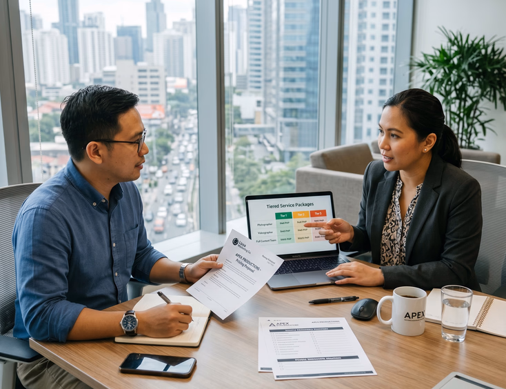 Filipino corporate client reviewing an event coverage package and pricing proposal on a laptop with a documentation team manager.