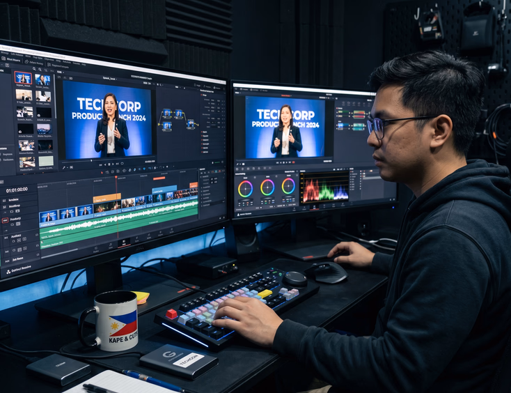 Filipino video editor editing a corporate event highlight reel on dual monitors inside a professional post-production studio setup.