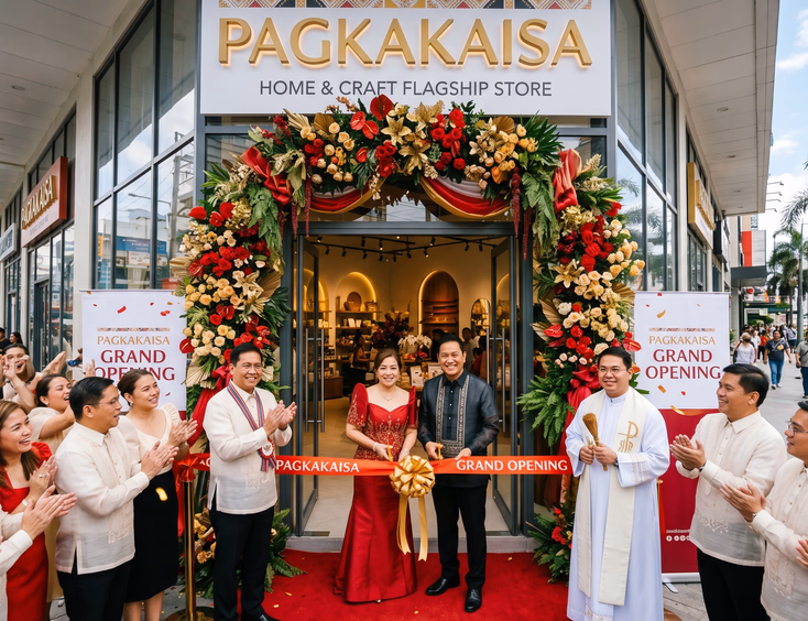 Filipino flagship store grand opening celebration with the owners cutting a red ribbon at the storefront entrance, joined by officials.