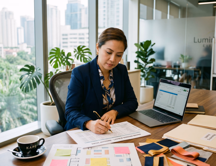 Filipina business owner reviewing a printed grand opening budget and venue floor plan in a sunlit modern corporate office in Manila.